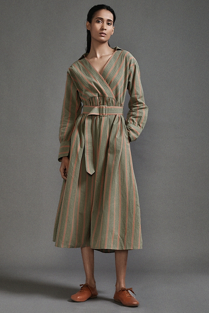 Green Handloom Cotton Striped Safari Midi Dress by Mati
