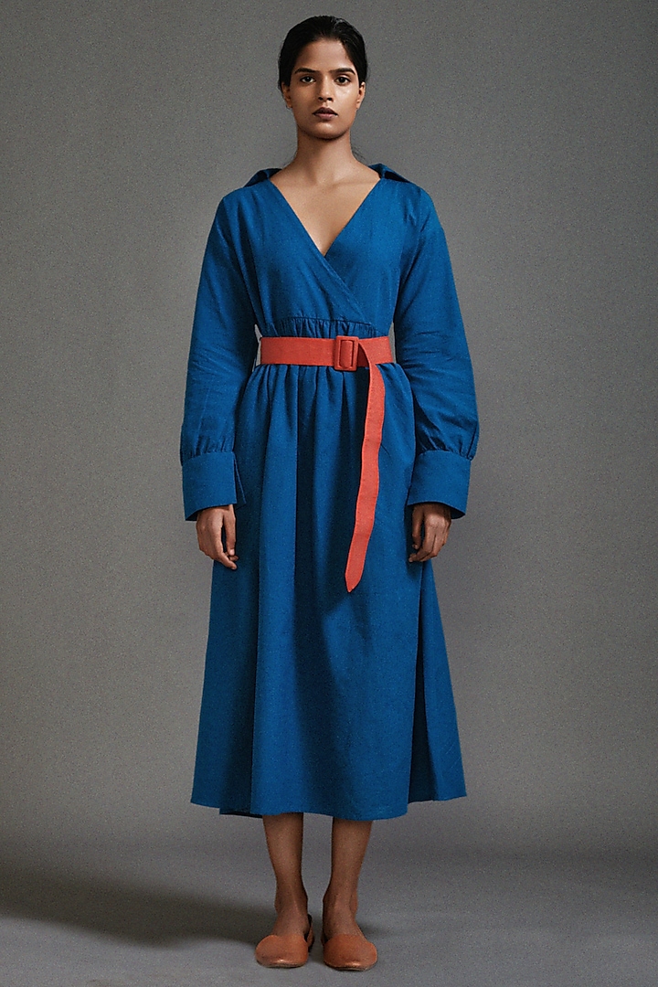 Blue Handloom Cotton Safari Midi Dress by Mati
