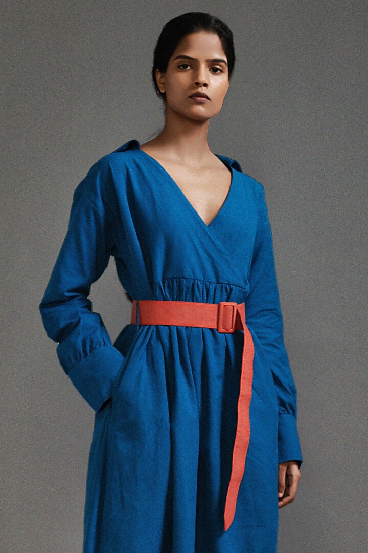Blue Handloom Cotton Safari Midi Summer Dress by Mati at Pernia's Pop Up Shop