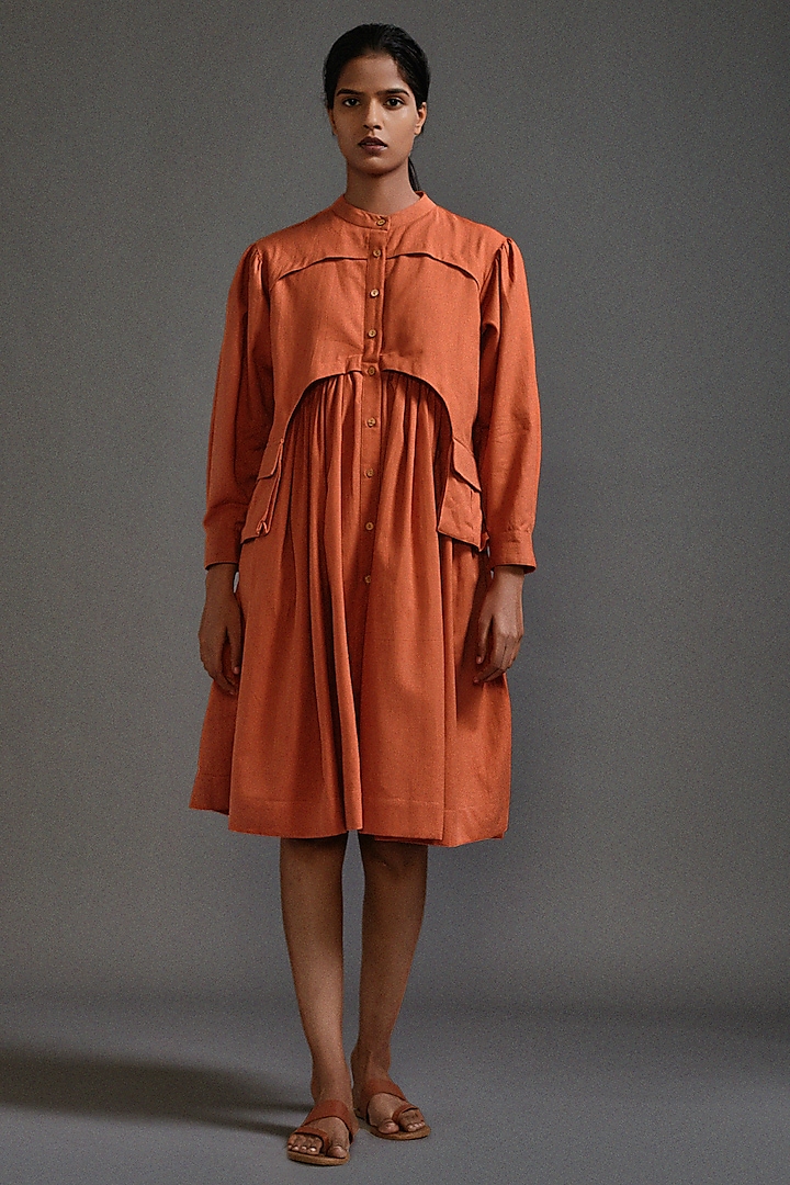 Rust Cotton Knee-Length Safari Dress by Mati