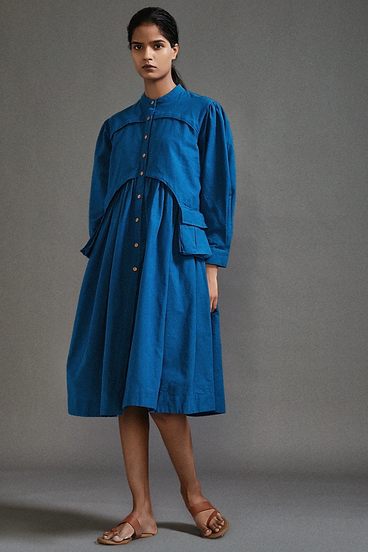 Blue Cotton Knee-Length Safari Dress by Mati