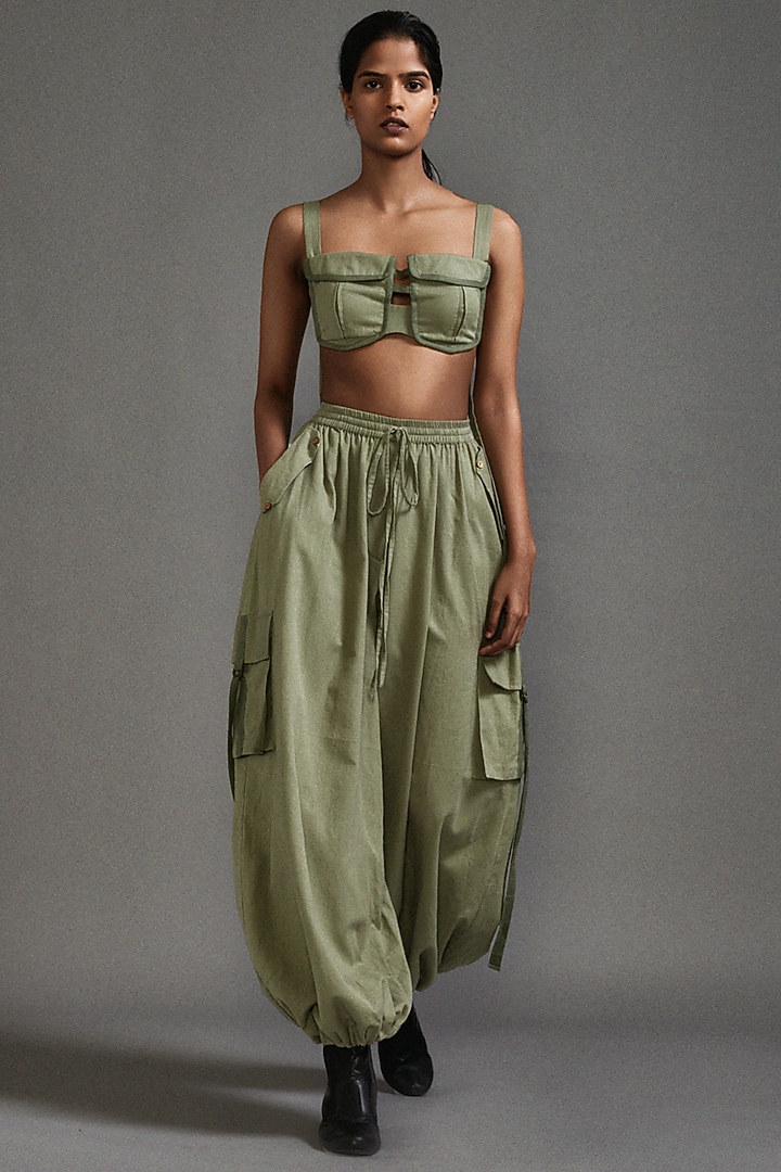 Green Cotton Baggy-Fit Cargo Pants by Mati at Pernia's Pop Up Shop
