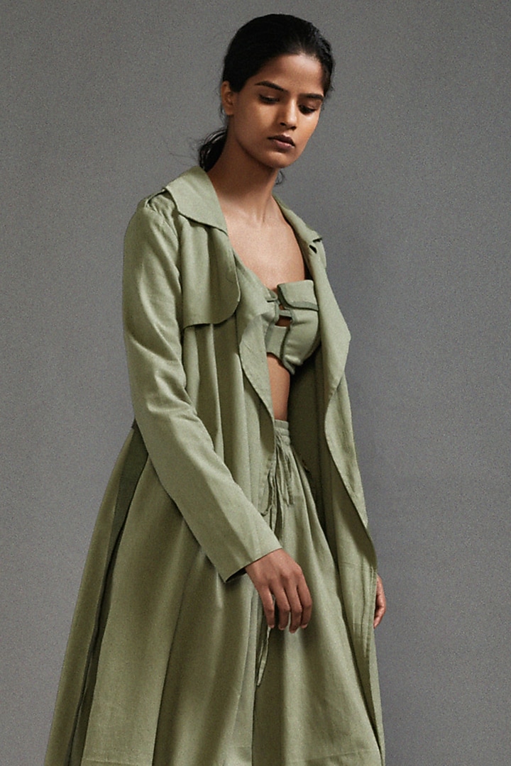 Green Cotton Oversized Trench Jacket by Mati at Pernia's Pop Up Shop