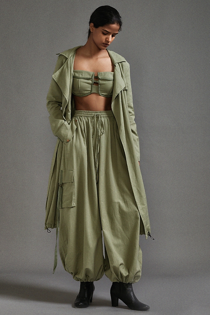 Green Cotton Oversized Trench Jacket by Mati at Pernia's Pop Up Shop