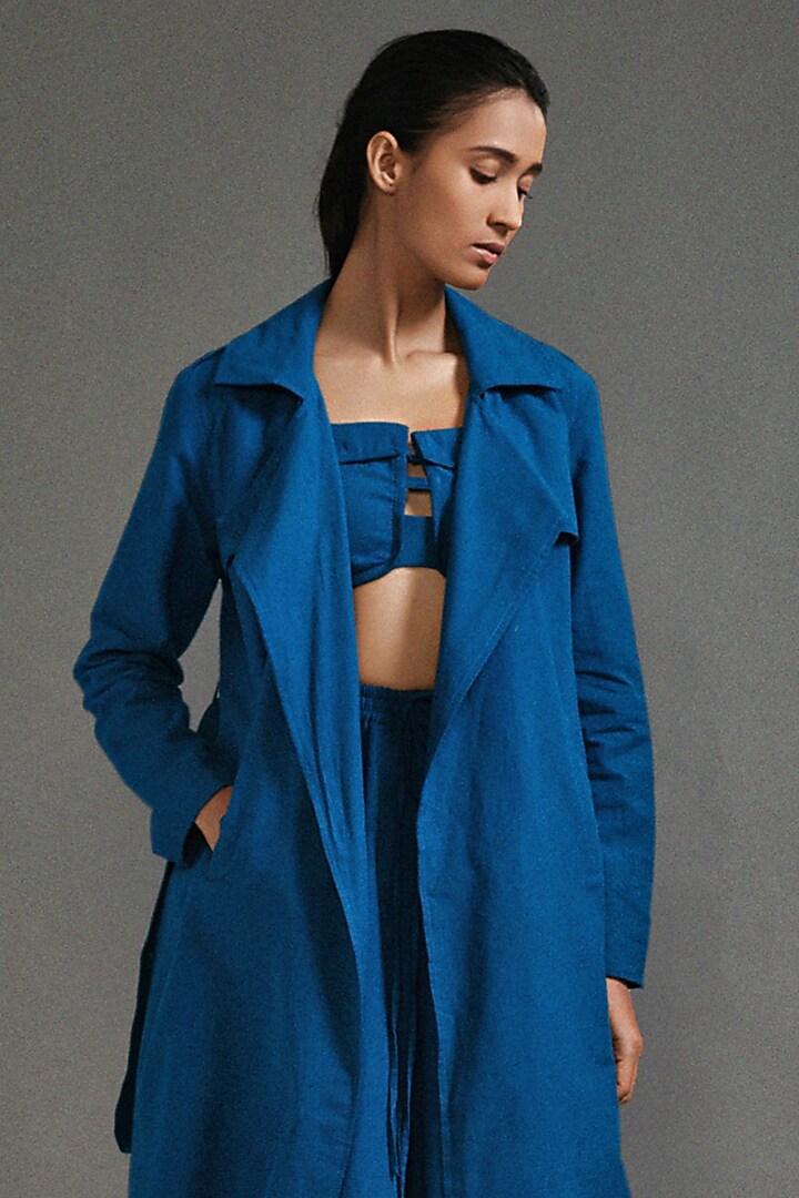 Blue Cotton Oversized Trench Jacket by Mati at Pernia's Pop Up Shop