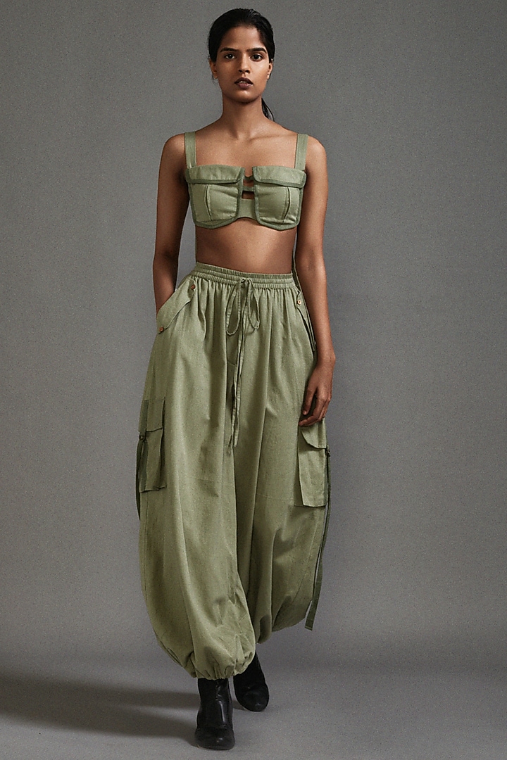 Green Cotton Safari Cargo Pant Set by Mati at Pernia's Pop Up Shop