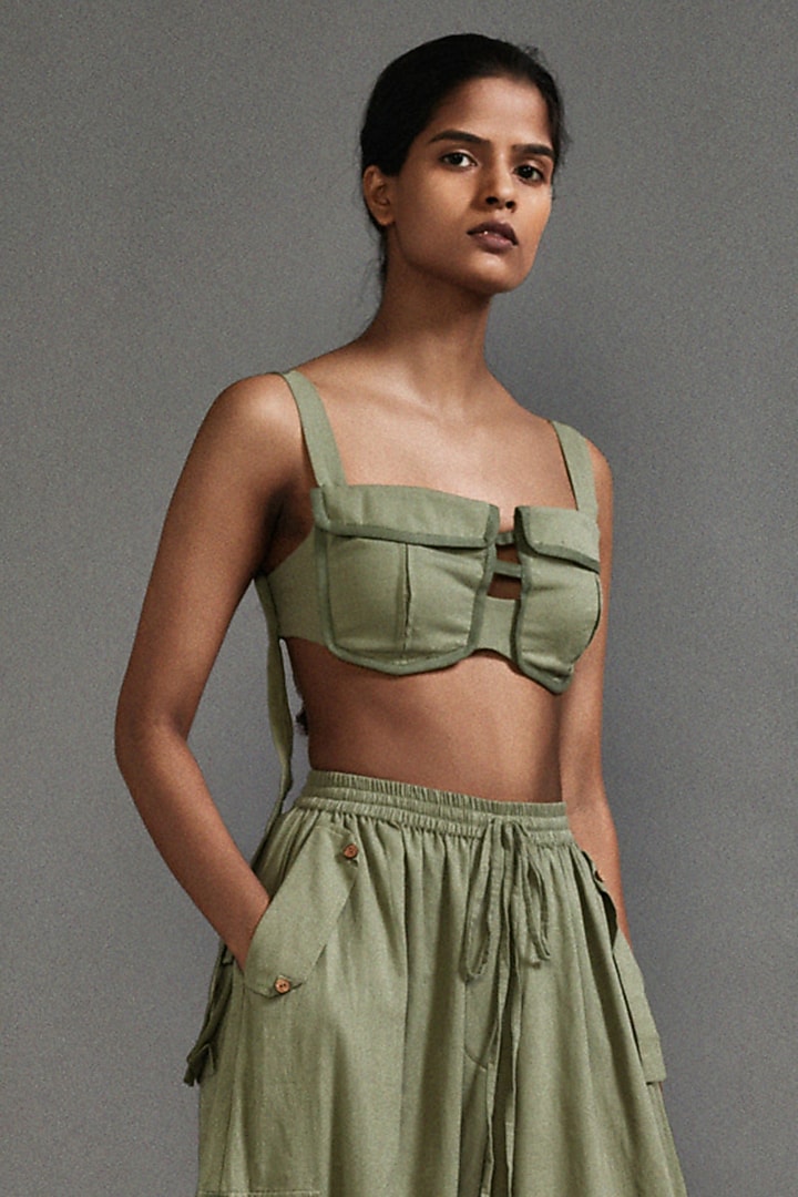 Green Cotton Safari Cargo Pant Set by Mati at Pernia's Pop Up Shop