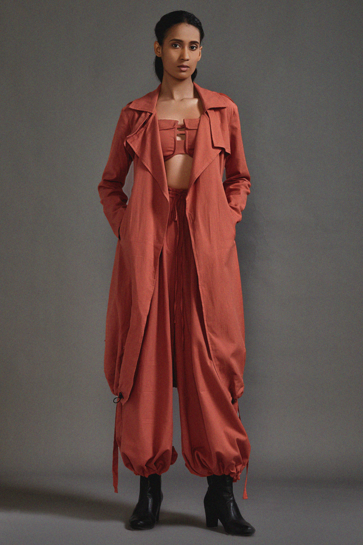Rust Cotton Oversized Trench Jacket Set by Mati at Pernia's Pop Up Shop