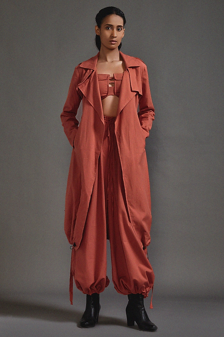 Rust Cotton Oversized Trench Jacket Set by Mati