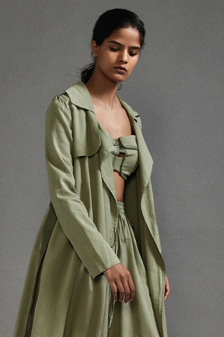 Green Cotton Oversized Trench Jacket Set by Mati at Pernia's Pop Up Shop