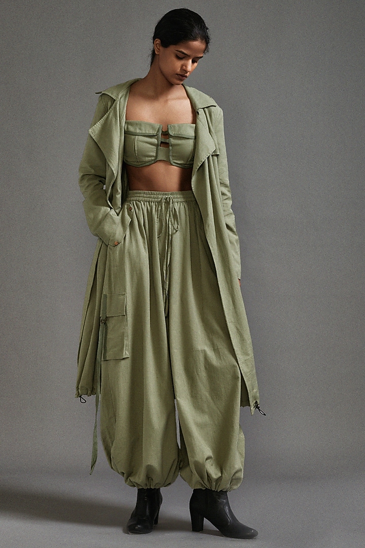 Green Cotton Oversized Trench Jacket Set by Mati at Pernia's Pop Up Shop