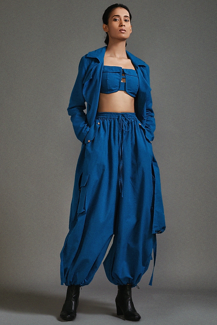 Blue Cotton Oversized Trench Jacket Set by Mati at Pernia's Pop Up Shop