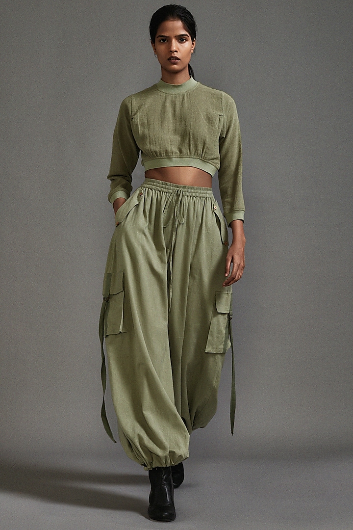 Green Cotton Cargo Pant Set by Mati