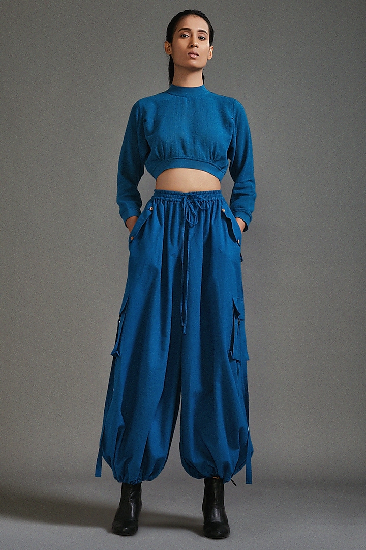 Blue Cotton Cargo Pant Set by Mati