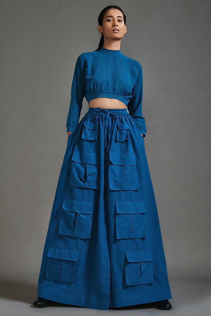 Blue Cotton Safari Cargo Long Skirt by Mati