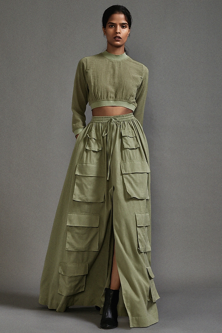 Green Textured Cotton Safari Cargo Skirt Set by Mati
