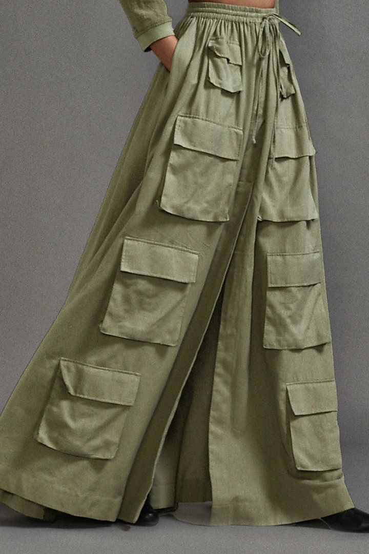 Green Textured Cotton Safari Cargo Skirt Set by Mati at Pernia's Pop Up Shop