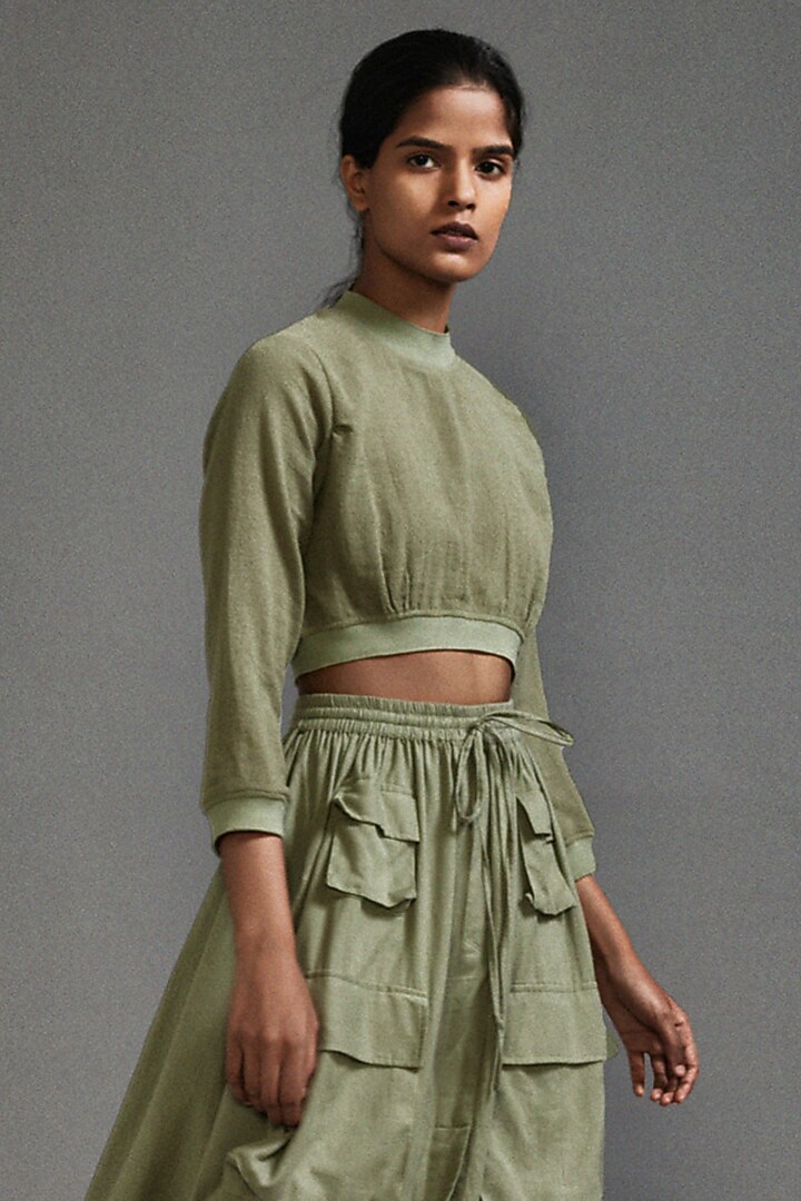 Green Textured Cotton Safari Cargo Skirt Set by Mati at Pernia's Pop Up Shop
