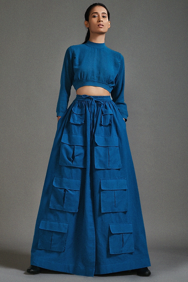Blue Textured Cotton Safari Cargo Skirt Set by Mati