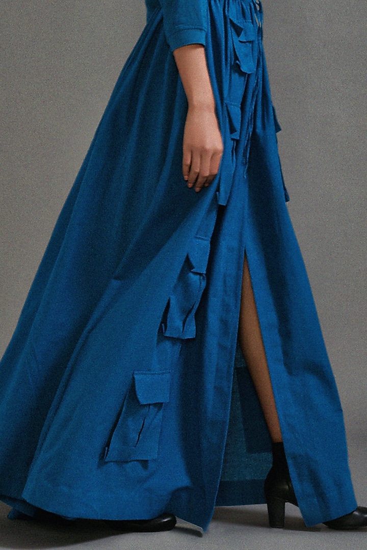 Blue Textured Cotton Safari Cargo Skirt Set by Mati at Pernia's Pop Up Shop