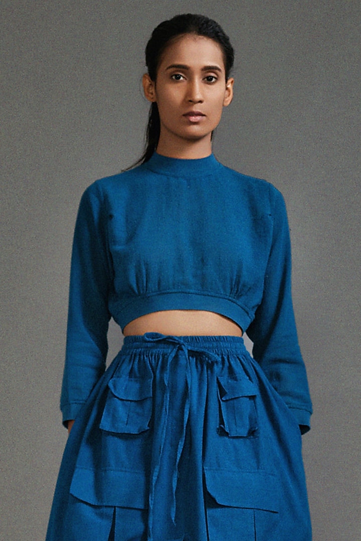 Blue Textured Cotton Safari Cargo Skirt Set by Mati at Pernia's Pop Up Shop