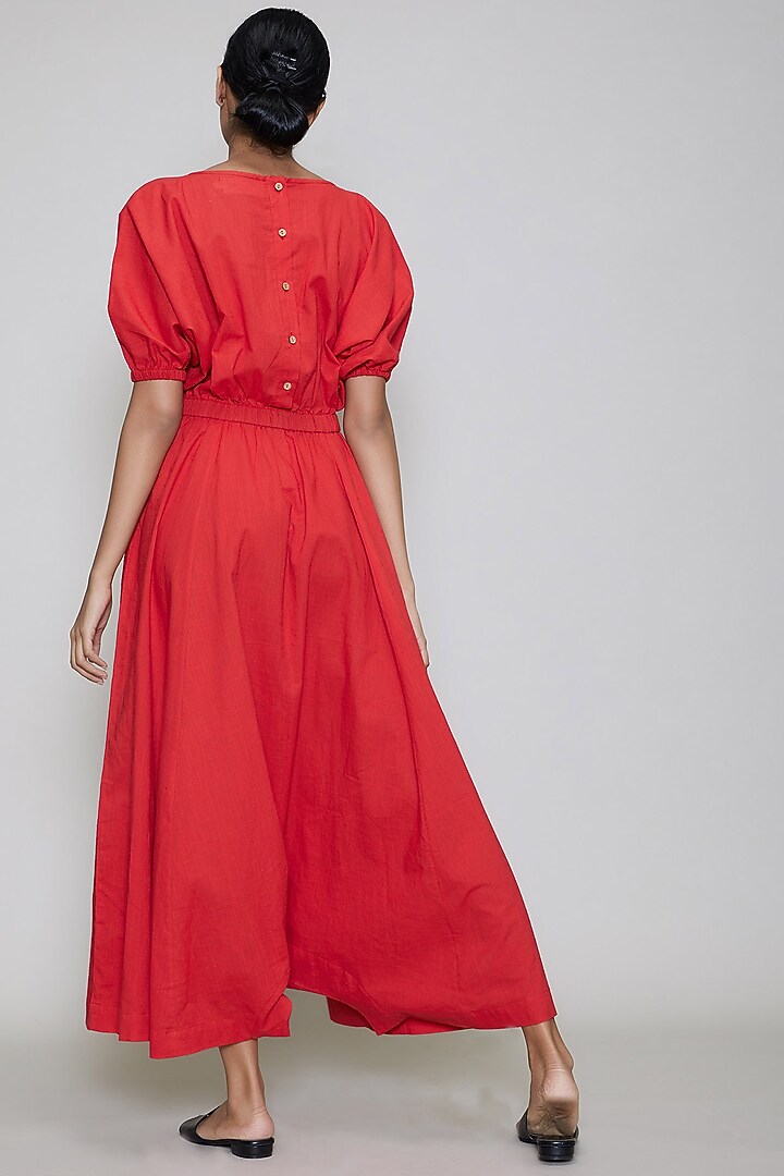 Red Handwoven Jumpsuit With Side Plackets by Mati at Pernia's Pop Up Shop