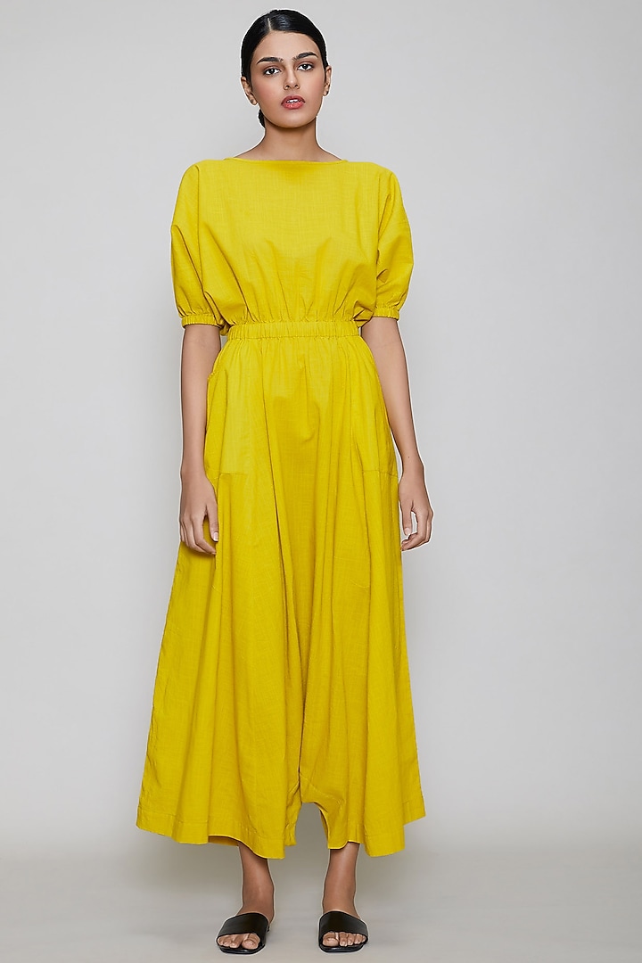 Yellow Handwoven Jumpsuit With Side Plackets by Mati