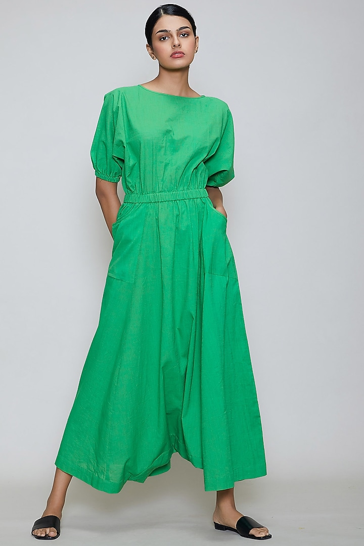 Green Handwoven Jumpsuit With Side Plackets by Mati