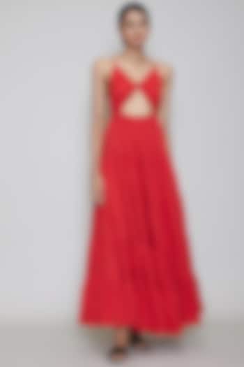 Red Handwoven Backless Dress by Mati