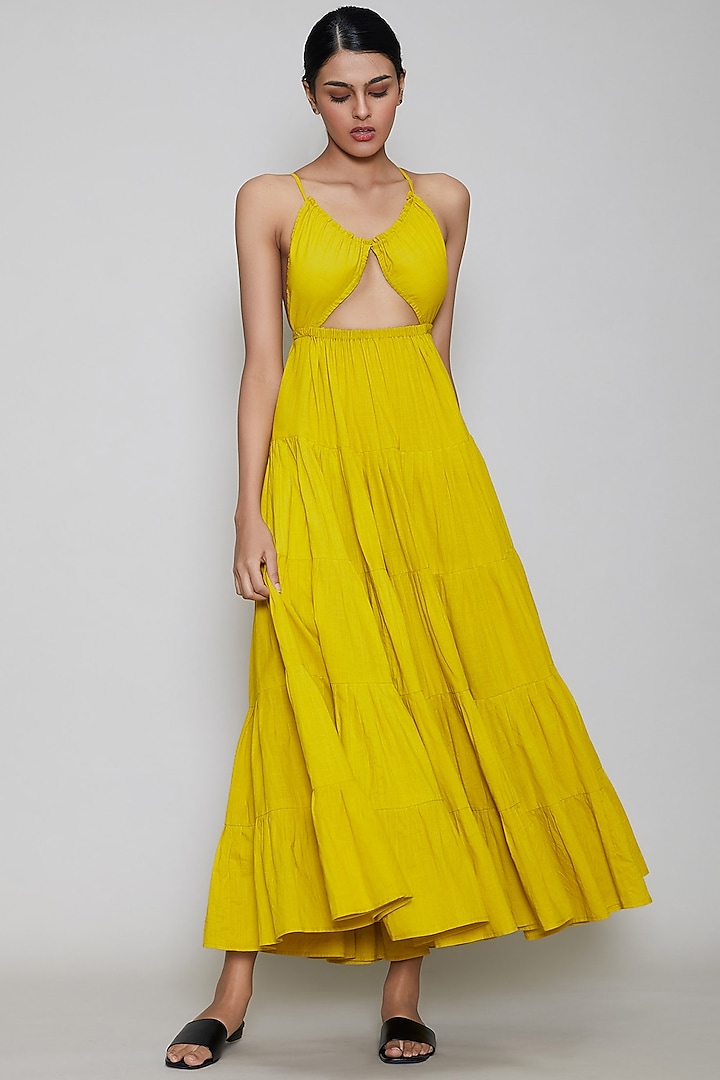 Yellow Handwoven Backless Dress by Mati