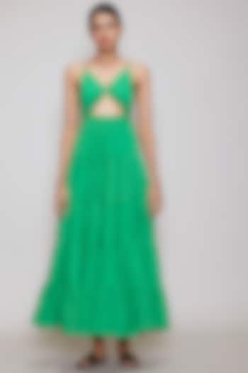 Green Handwoven Backless Dress by Mati