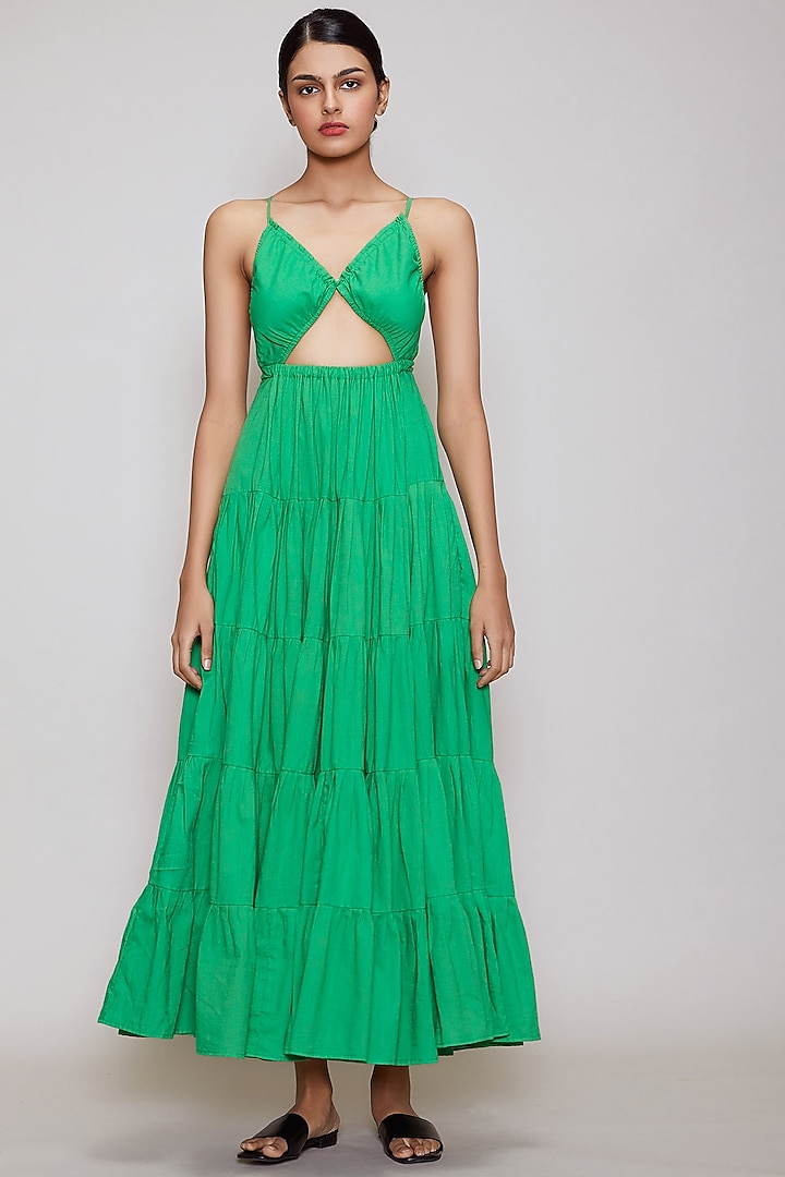 Green Handwoven Backless Dress by Mati