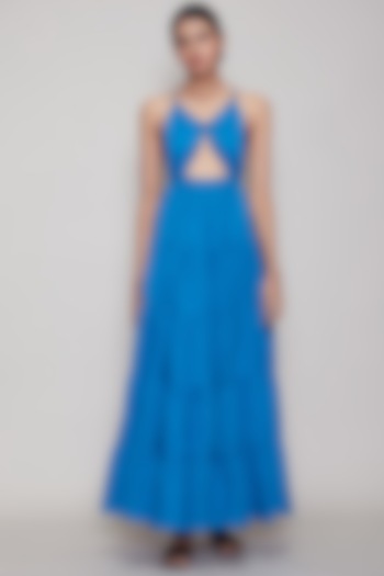 Blue Handwoven Backless Dress by Mati