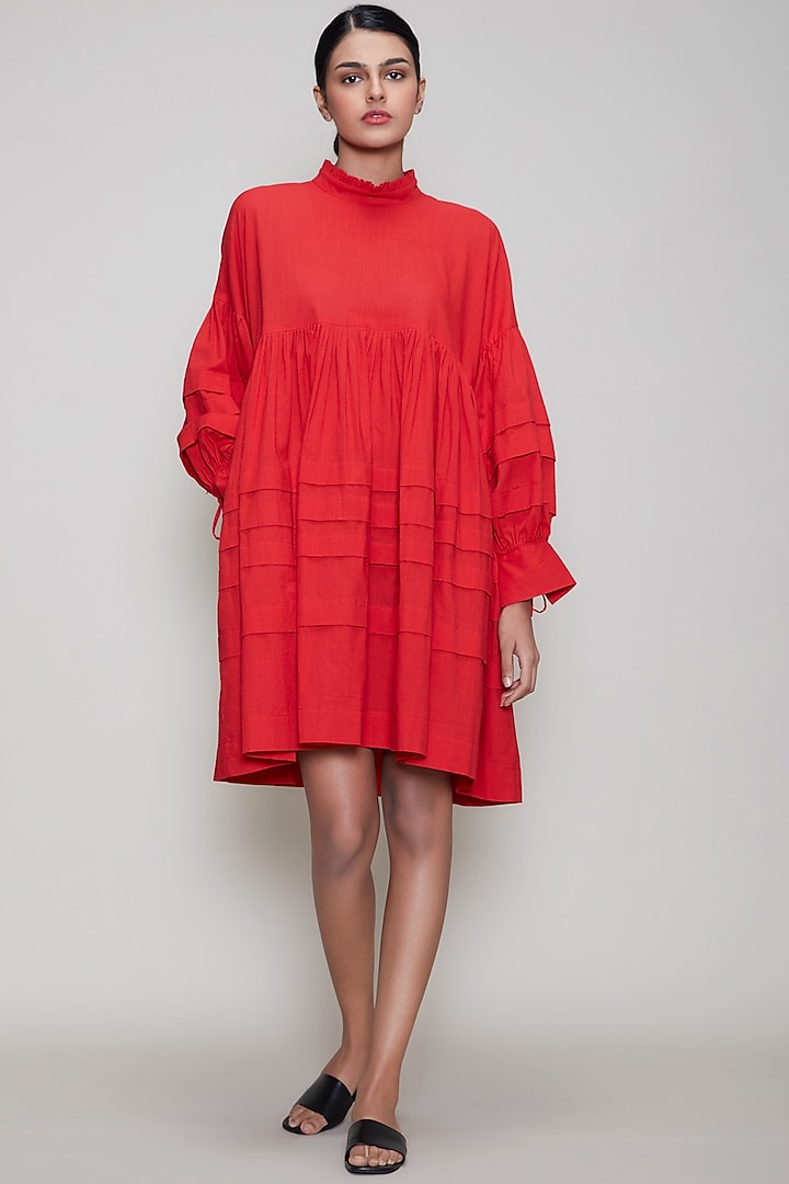 Red Handwoven Pleated Dress by Mati