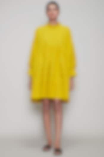 Yellow Handwoven Pleated Dress by Mati