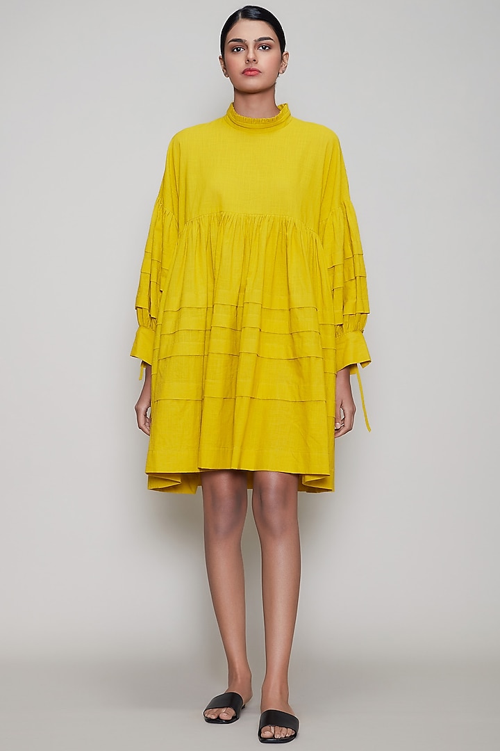 Yellow Handwoven Pleated Dress by Mati