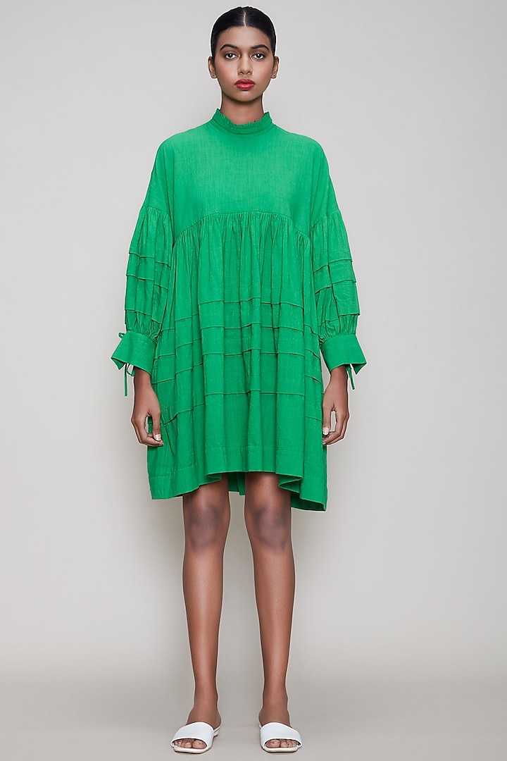 Green Handwoven Pleated Dress Design by Mati at Pernia's Pop Up Shop 2023