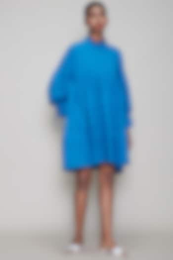 Blue Handwoven Pleated Dress by Mati