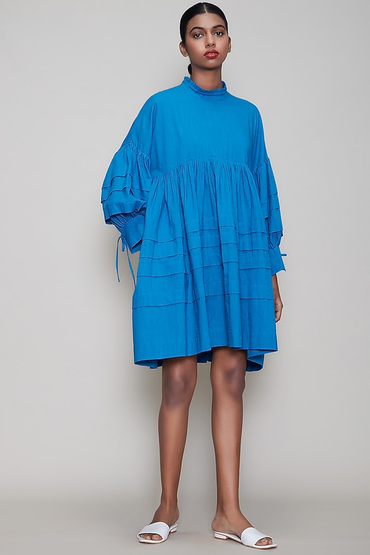 Blue Handwoven Pleated Dress by Mati