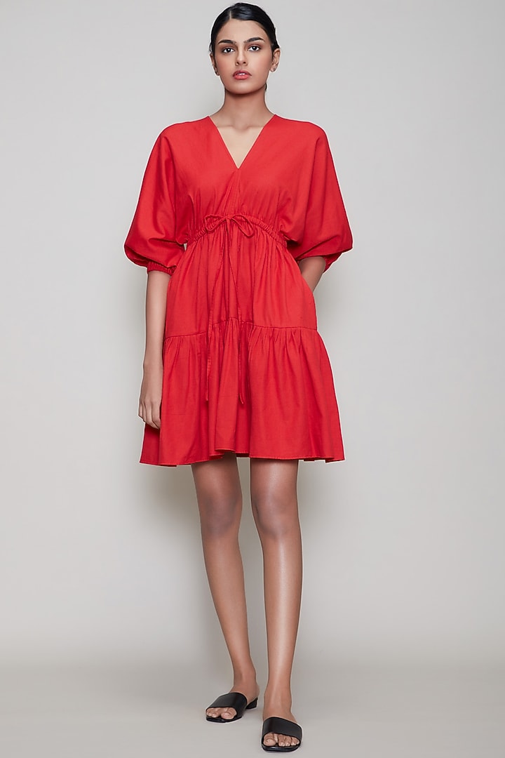 Red Handwoven Summer Dress With Drawstrings by Mati at Pernia's Pop Up Shop