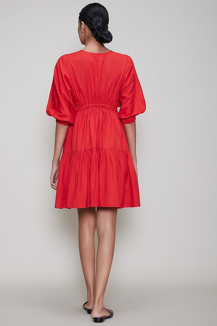 Red Handwoven Summer Dress With Drawstrings by Mati at Pernia's Pop Up Shop