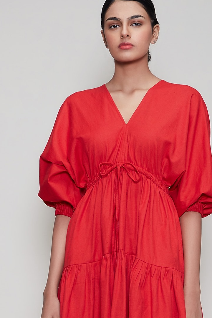 Red Handwoven Summer Dress With Drawstrings by Mati at Pernia's Pop Up Shop