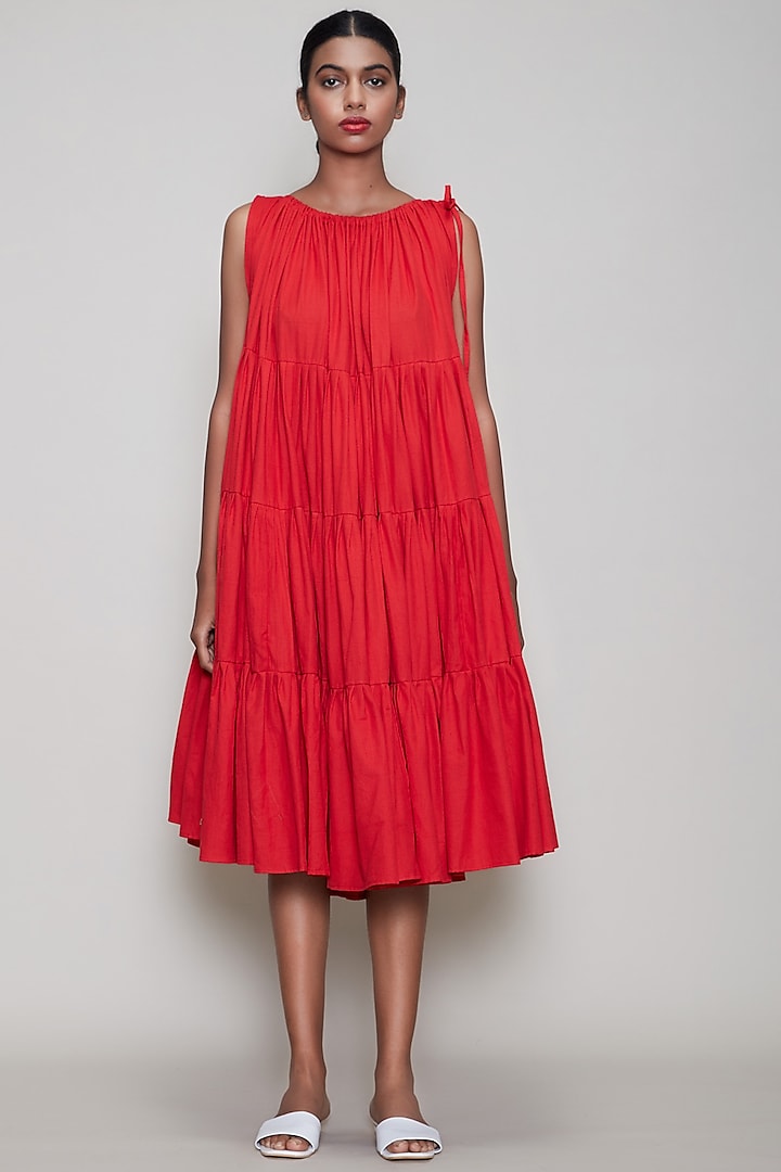 Red Handwoven Layered Dress by Mati