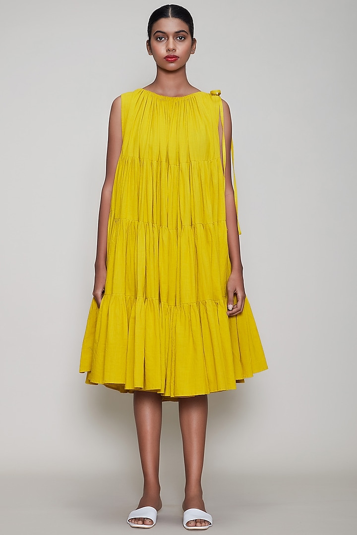 Yellow Handwoven Layered Dress by Mati