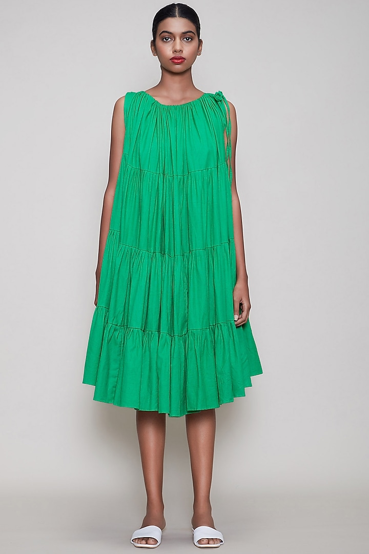 Green Handwoven Layered Dress by Mati