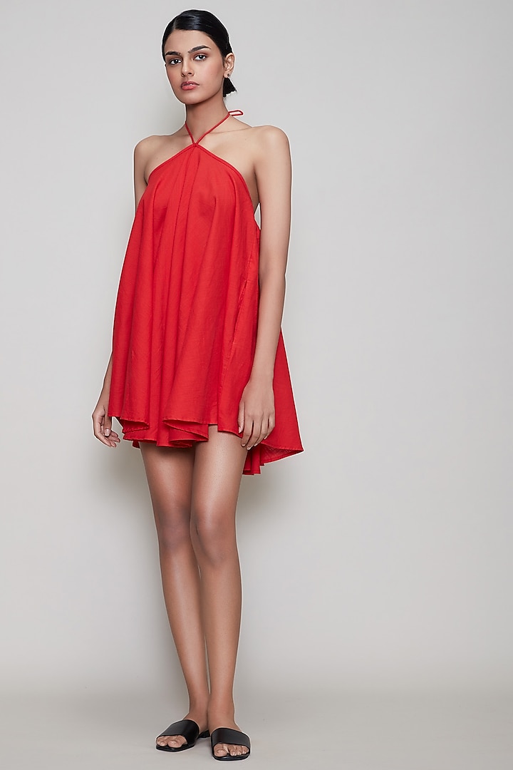 Red Handwoven Halter Dress by Mati