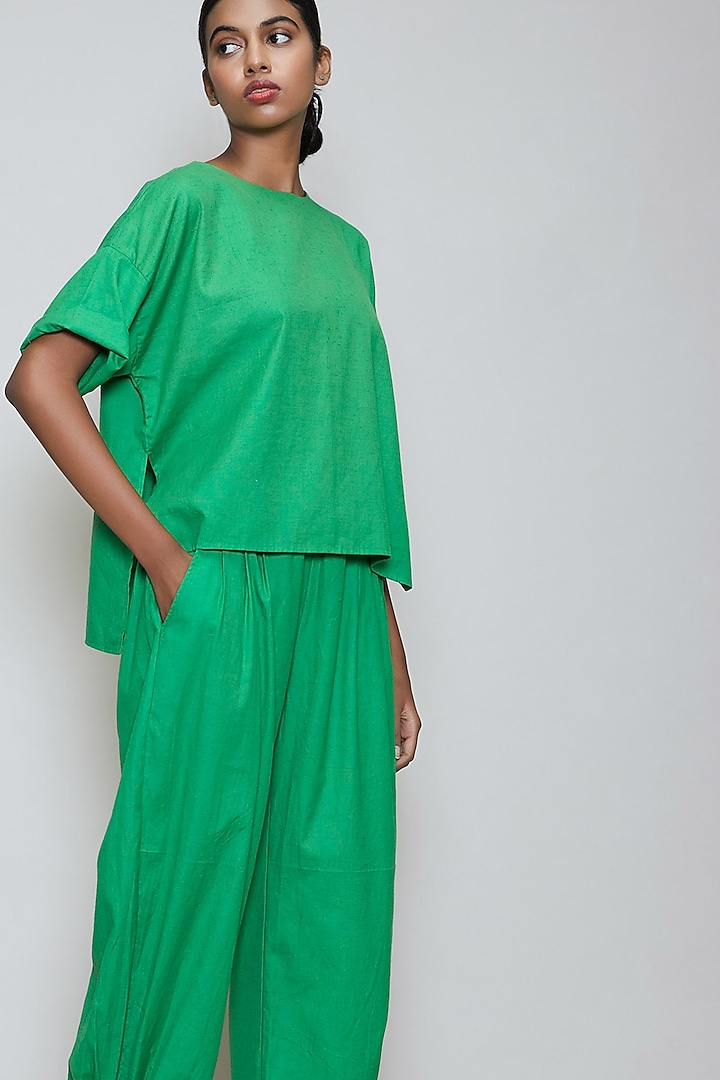 Green Handwoven Cotton Anti-Fit Top by Mati
