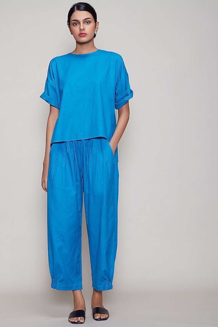 Blue Handwoven Cotton Anti-Fit Top by Mati at Pernia's Pop Up Shop