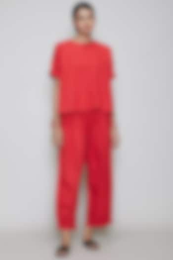 Red Handwoven Cotton Pant Set by Mati at Pernia's Pop Up Shop