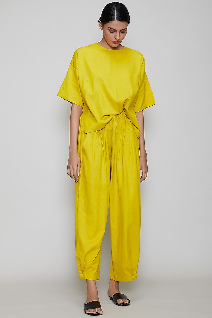 Yellow Handwoven Cotton Pant Set by Mati